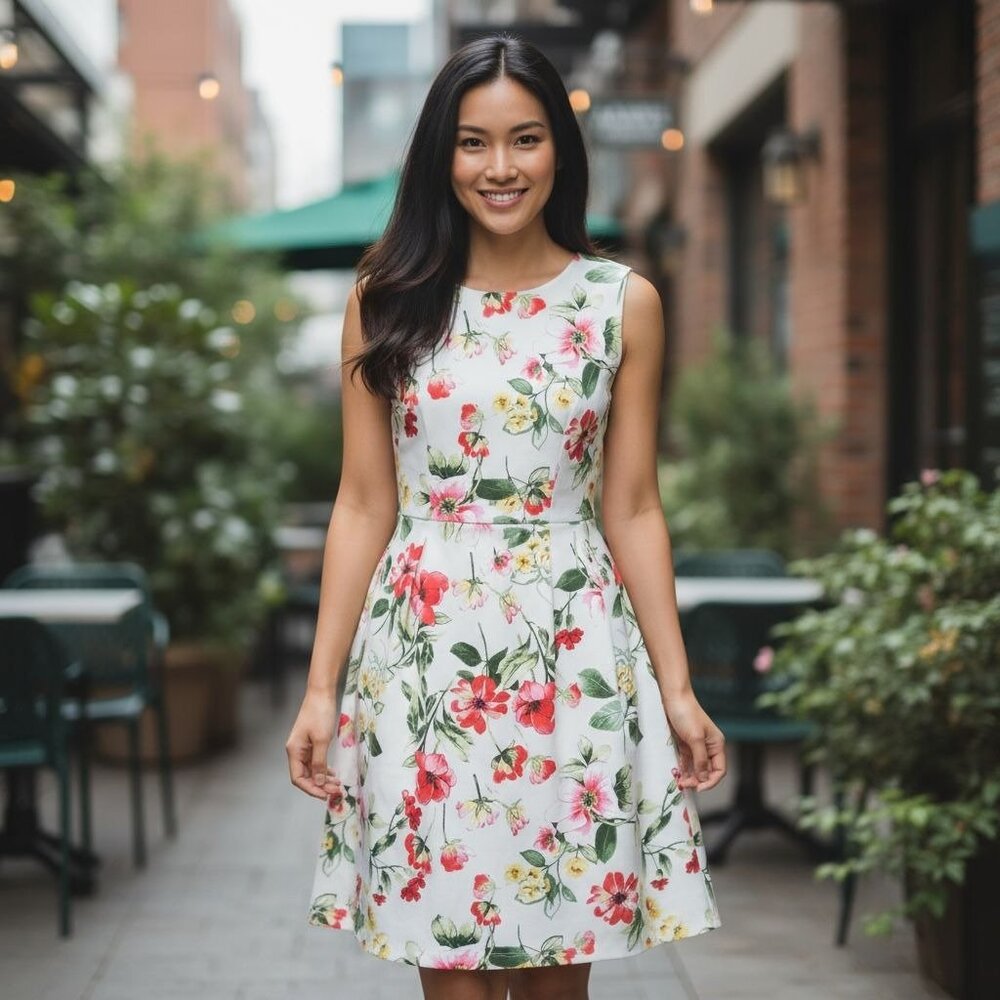 EN FOCUS STUDIO Size 4 A-Line Dress Yellow Pink Green Floral Sleeveless Stretch